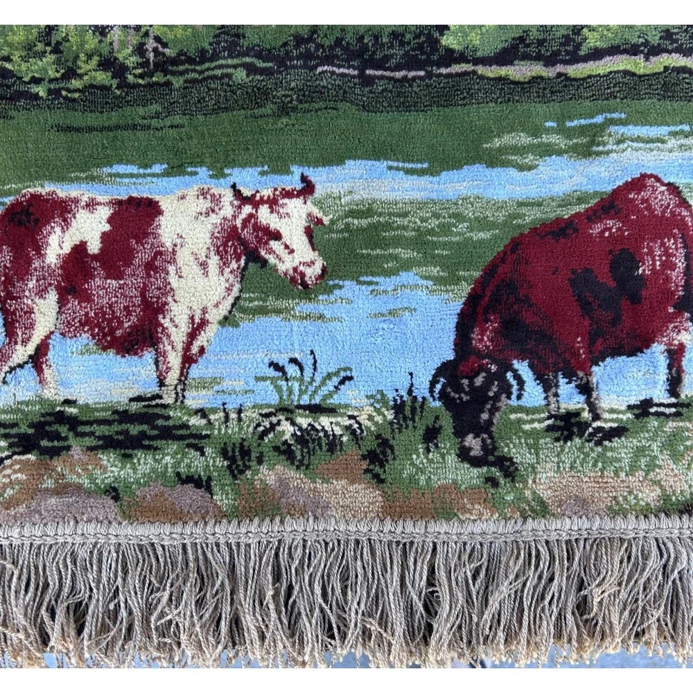 Vintage Scenic Tapestry Wall Hanging Cows River Thatch Roof Cottages‎ Fringe